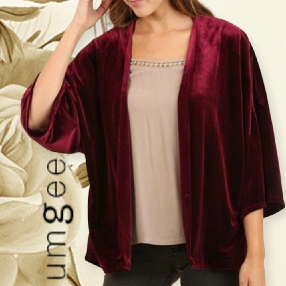 Umgee USA Womens Oversized Open Front 3/4 Sleeve Soft Velvet Cardigan Burgundy S